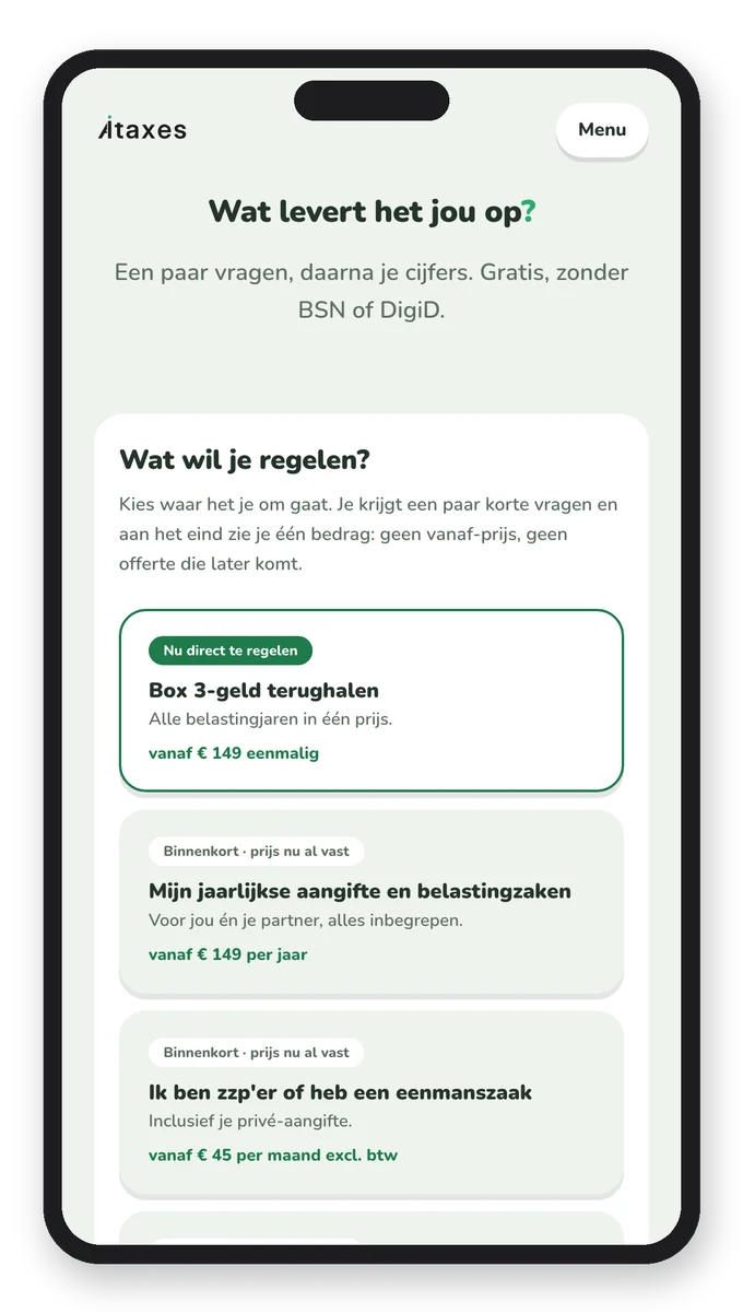 De check op een telefoon: je kiest wat je wilt regelen en ziet meteen de vaste prijs per keuze.